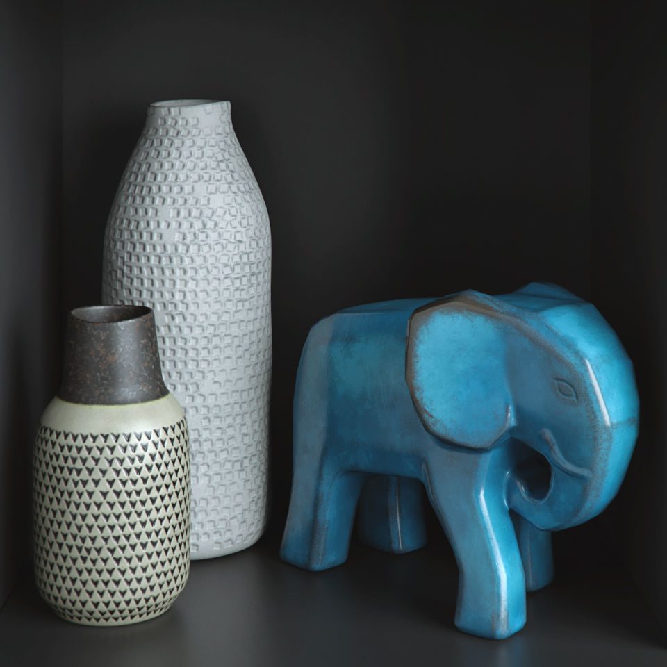 Decor Set different vases on shelf 3D model_3