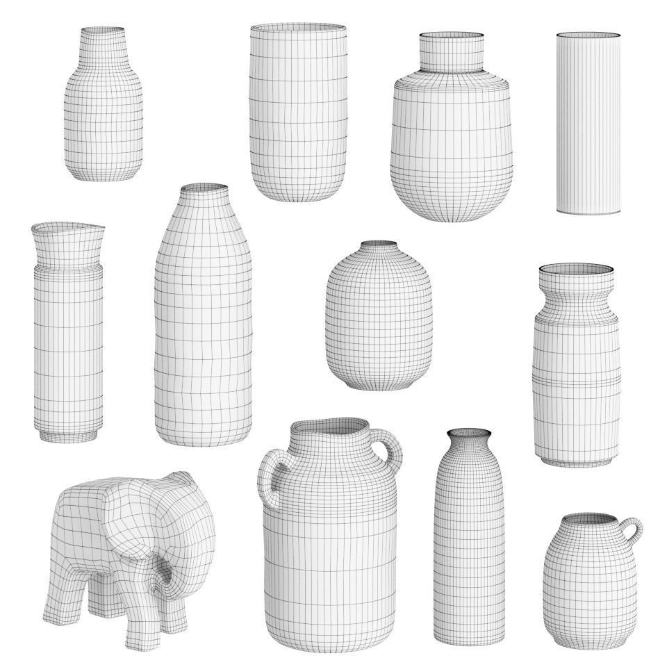 Decor Set different vases on shelf 3D model_5