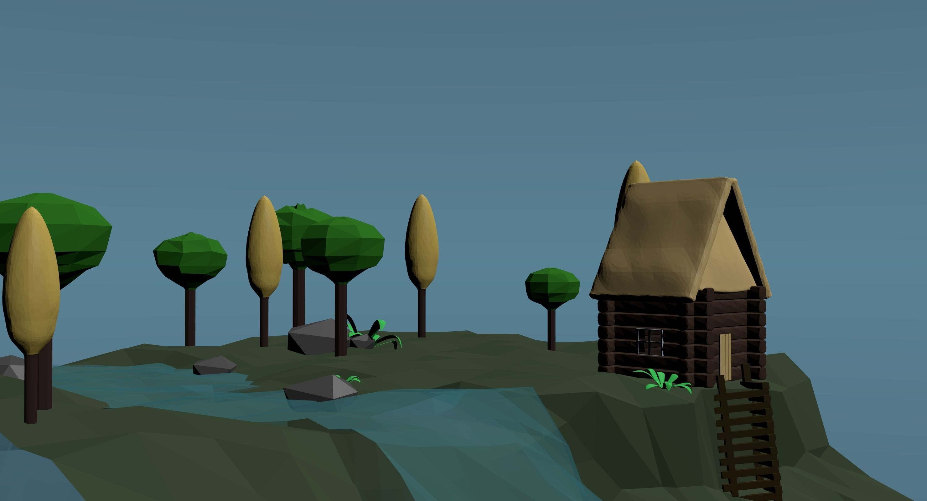 Near the river lowpoly scene Low-poly 3D model_0