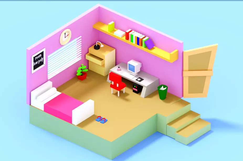 low poly room with bed and desk Low-poly 3D model