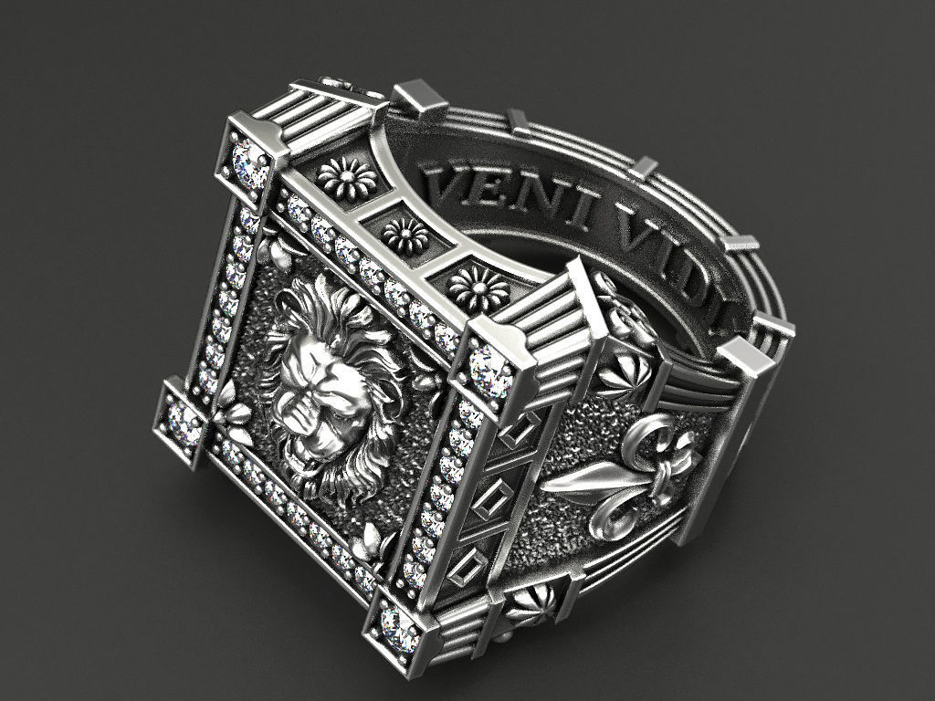 Ring with Lion and heraldic lilies veni vidi vici 3D print model_3