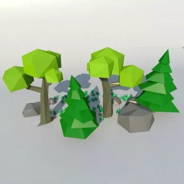 3D model Low Poly nature set polygonal trees and rocks VR / AR / low ...