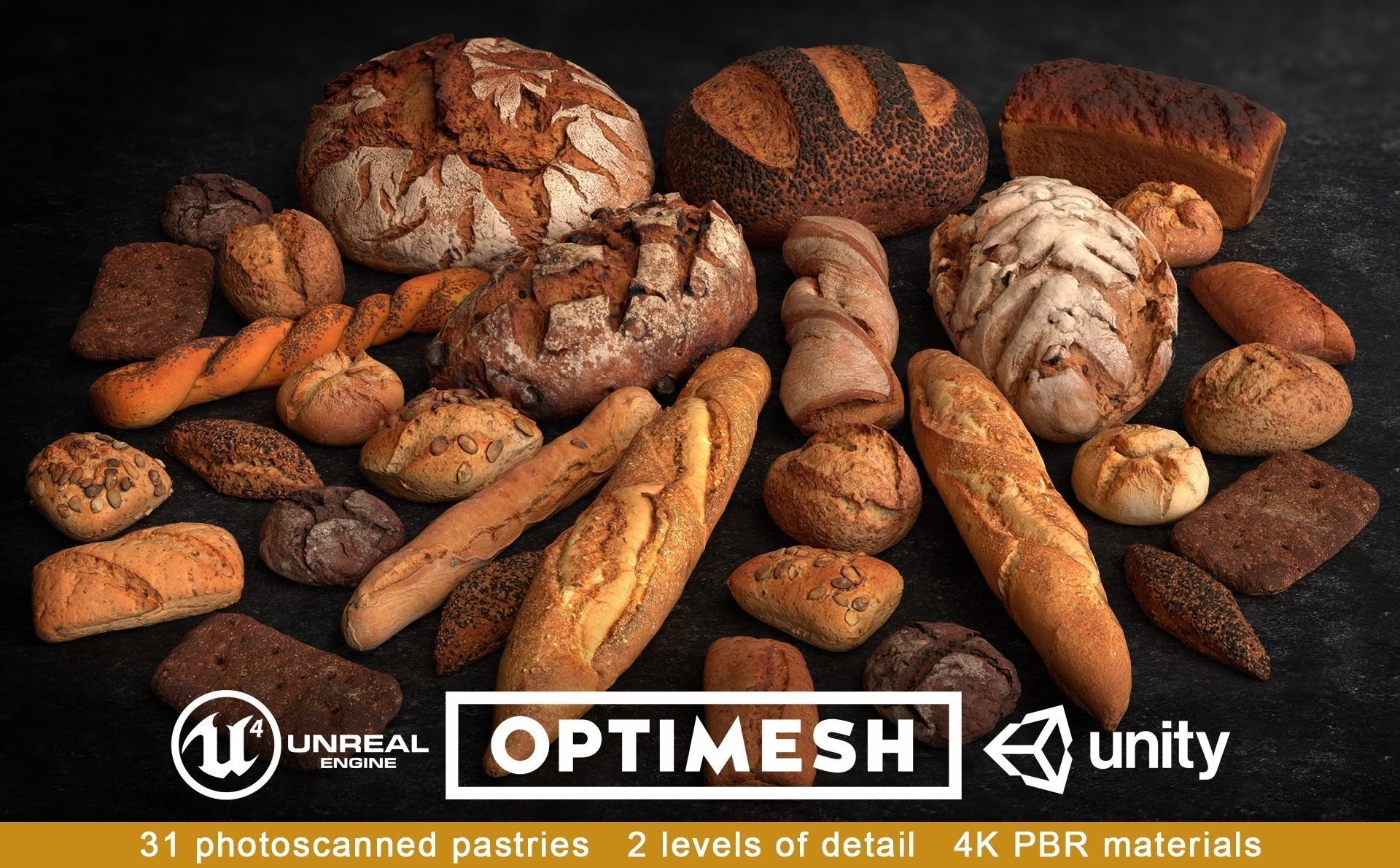 Baked Pastries Bread Buns Rolls 3D PBR Pack Low-poly 3D model_0