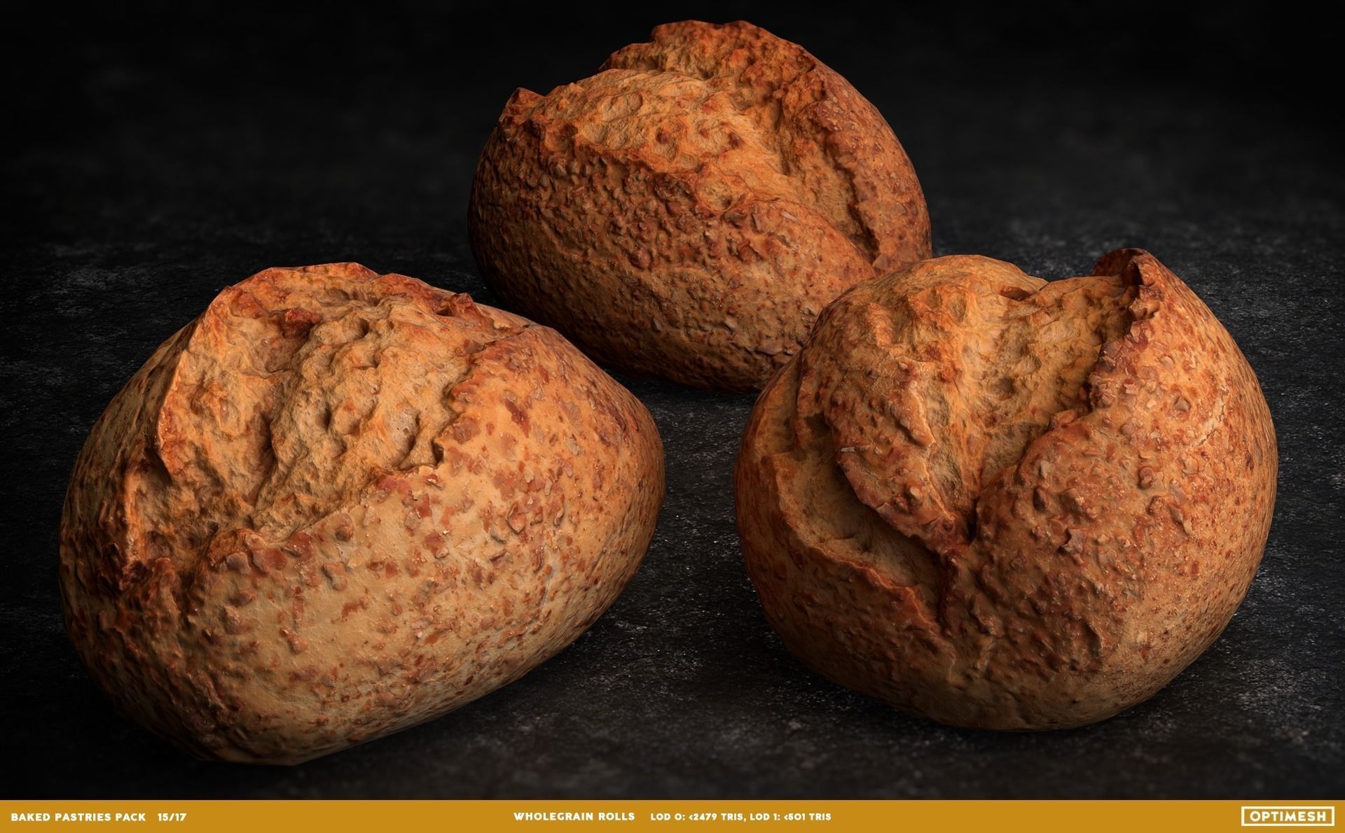 Baked Pastries Bread Buns Rolls 3D PBR Pack Low-poly 3D model_15