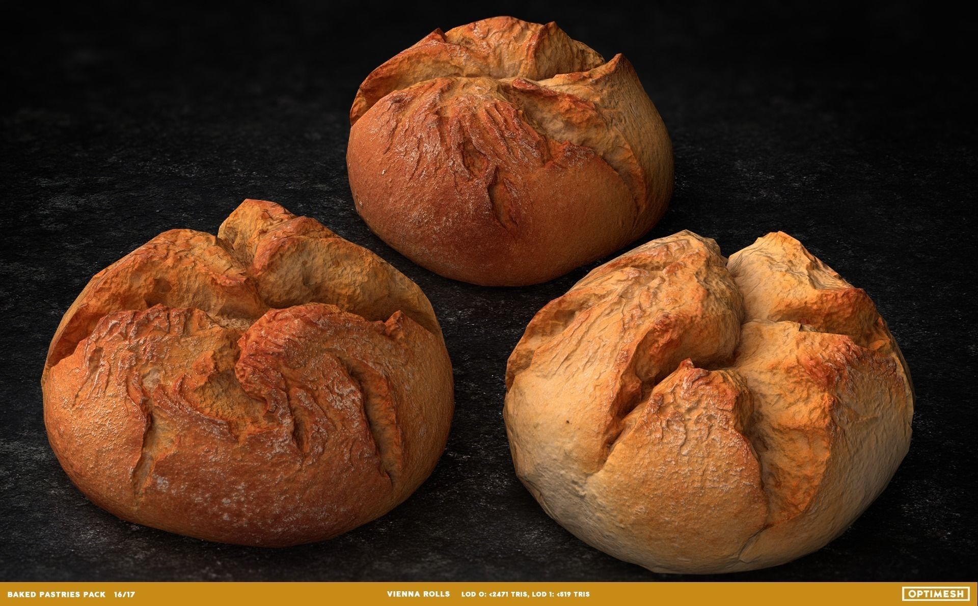 Baked Pastries Bread Buns Rolls 3D PBR Pack Low-poly 3D model_16