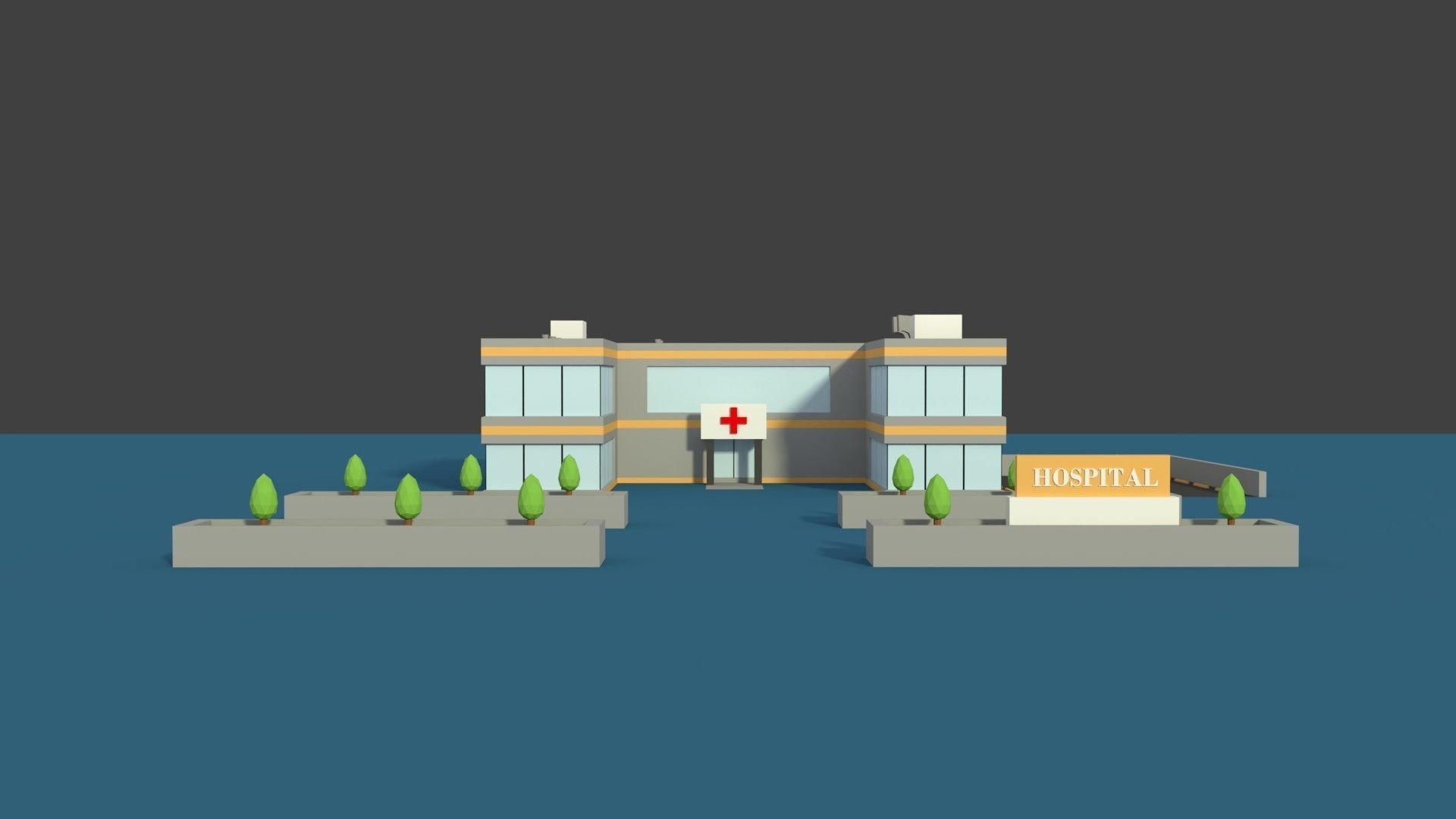 Low Poly Hosptial 2 hospital building with plants and trees Low-poly 3D model_4