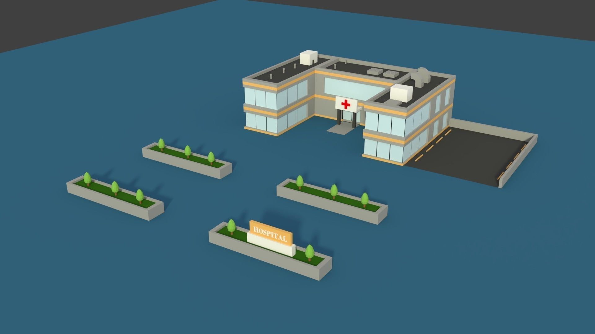 Low Poly Hosptial 2 hospital building with plants and trees Low-poly 3D model_2