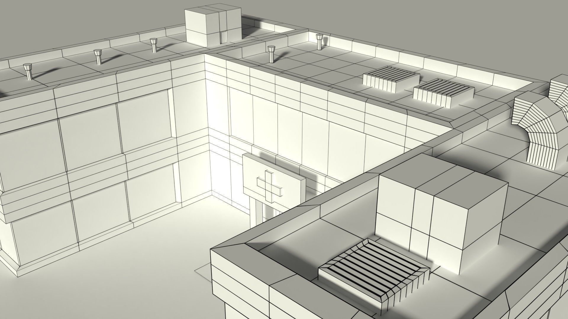 Low Poly Hosptial 2 hospital building with plants and trees Low-poly 3D model_9