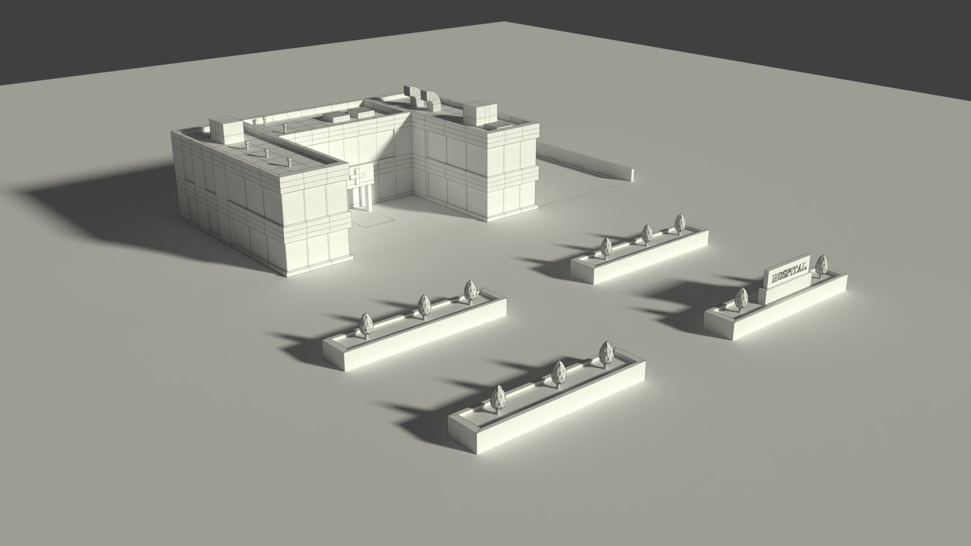 Low Poly Hosptial 2 hospital building with plants and trees Low-poly 3D model_7