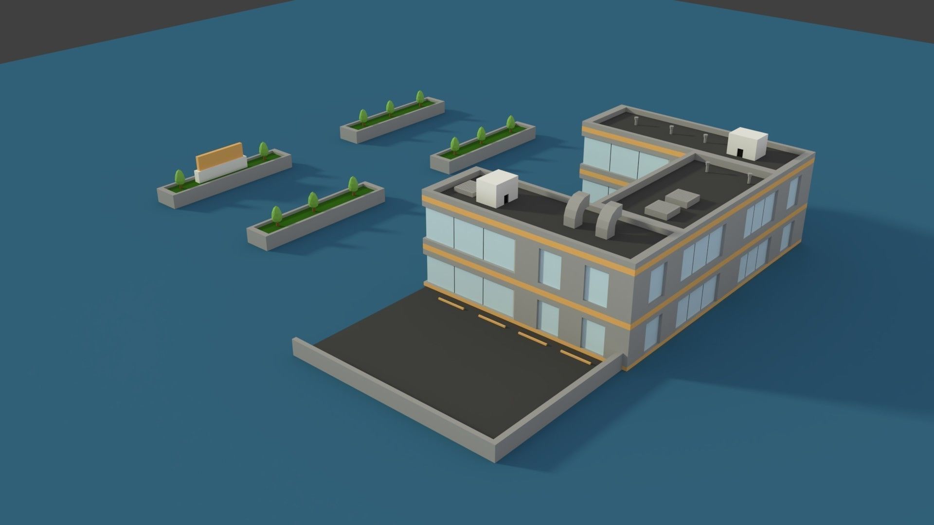 Low Poly Hosptial 2 hospital building with plants and trees Low-poly 3D model_3