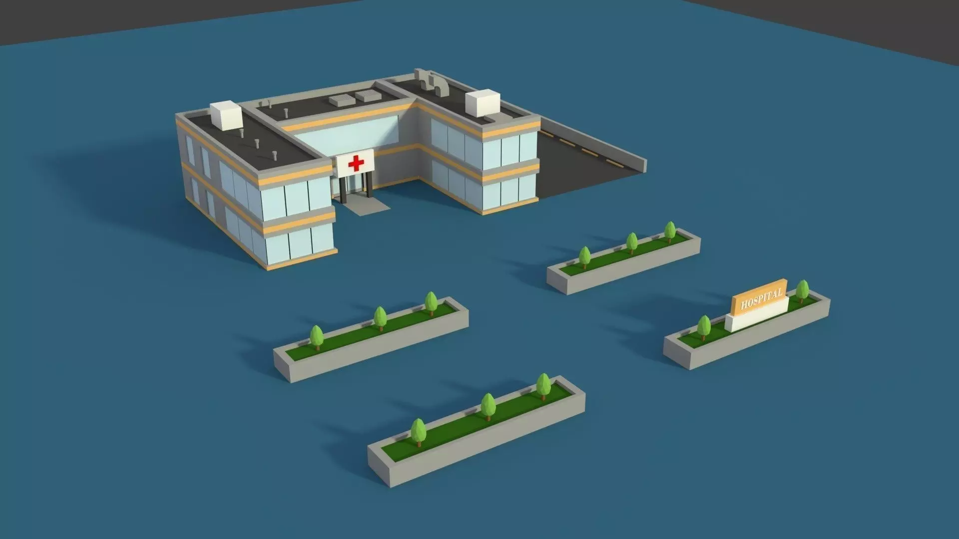 Low Poly Hosptial 2 hospital building with plants and trees Low-poly 3D model_0