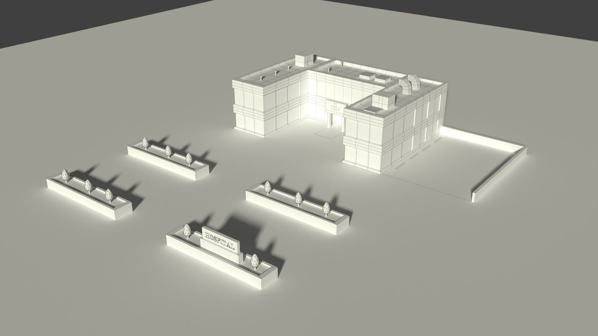Low Poly Hosptial 2 hospital building with plants and trees Low-poly 3D model_8