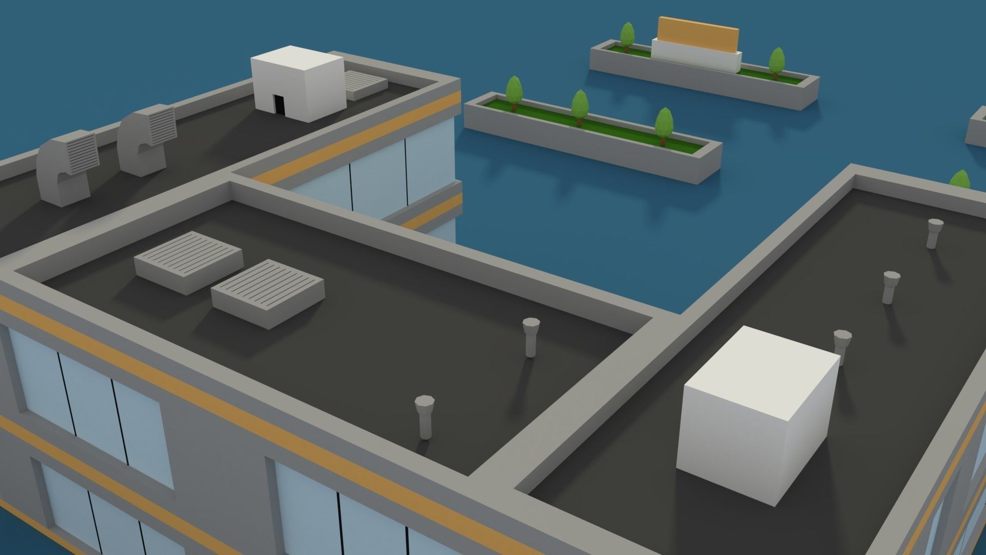 Low Poly Hosptial 2 hospital building with plants and trees Low-poly 3D model_1