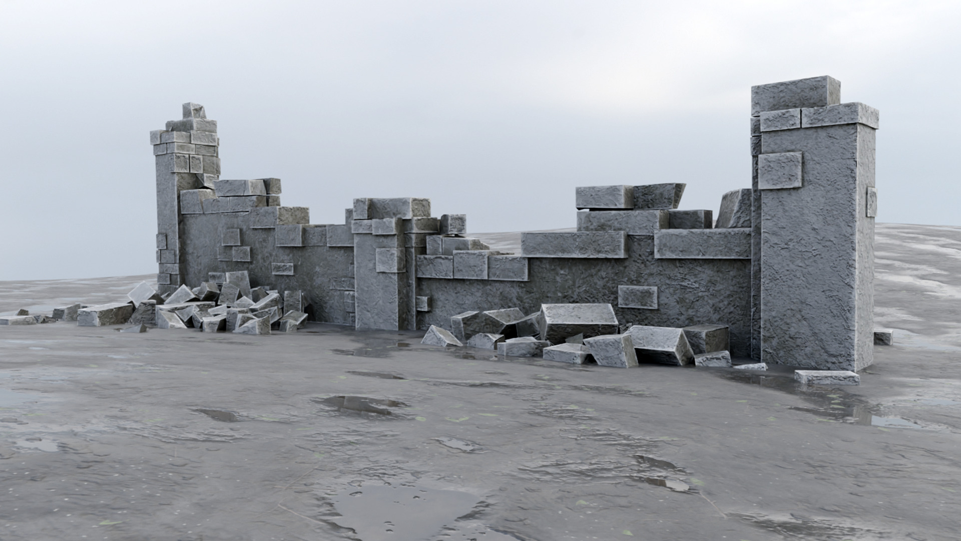 Ruined Wall Low-poly 3D model_3