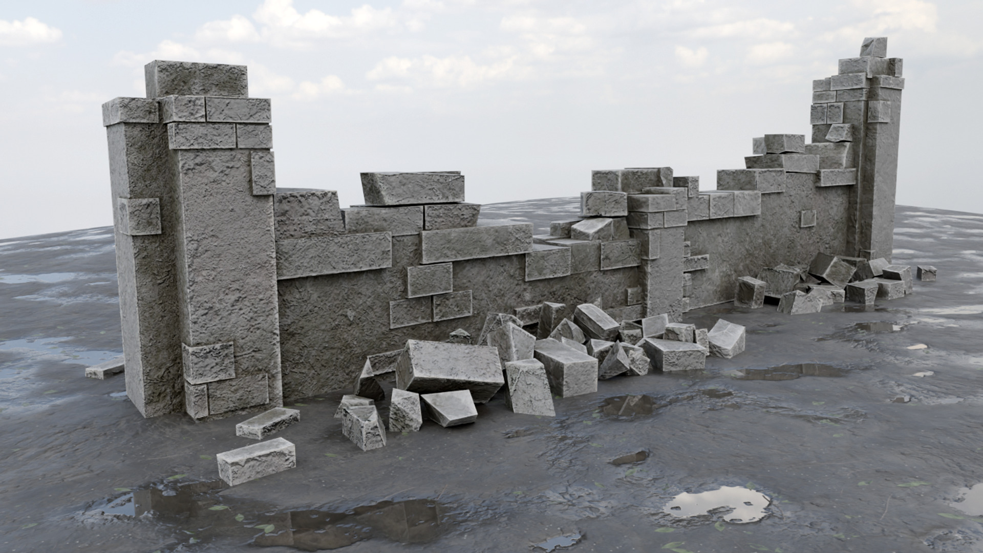 Ruined Wall Low-poly 3D model_4