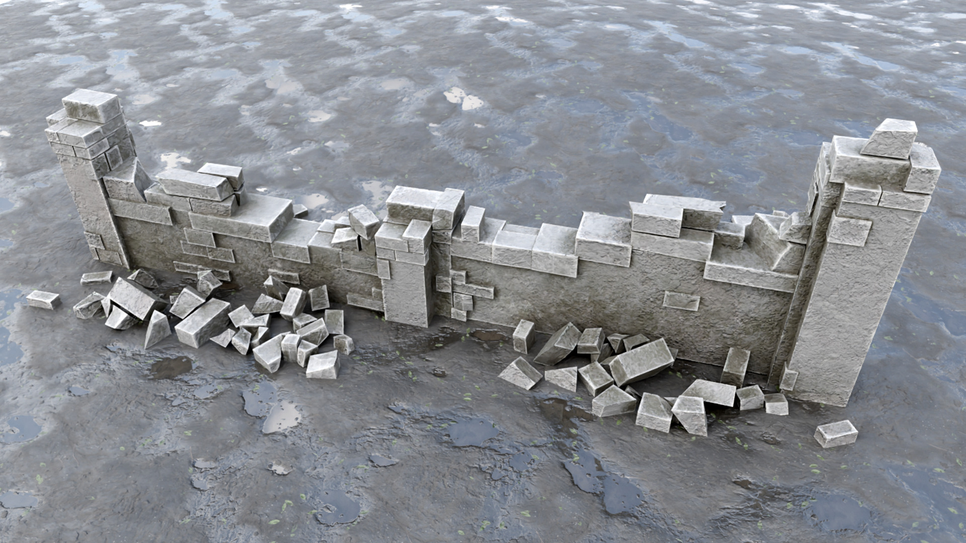 Ruined Wall Low-poly 3D model_1