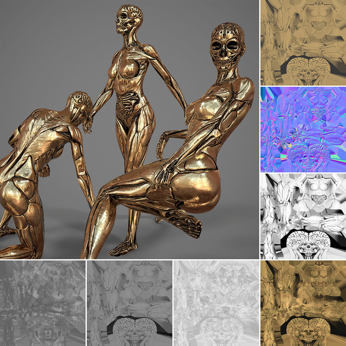 Skullsuit female skeletons in gold Low-poly 3D model_1