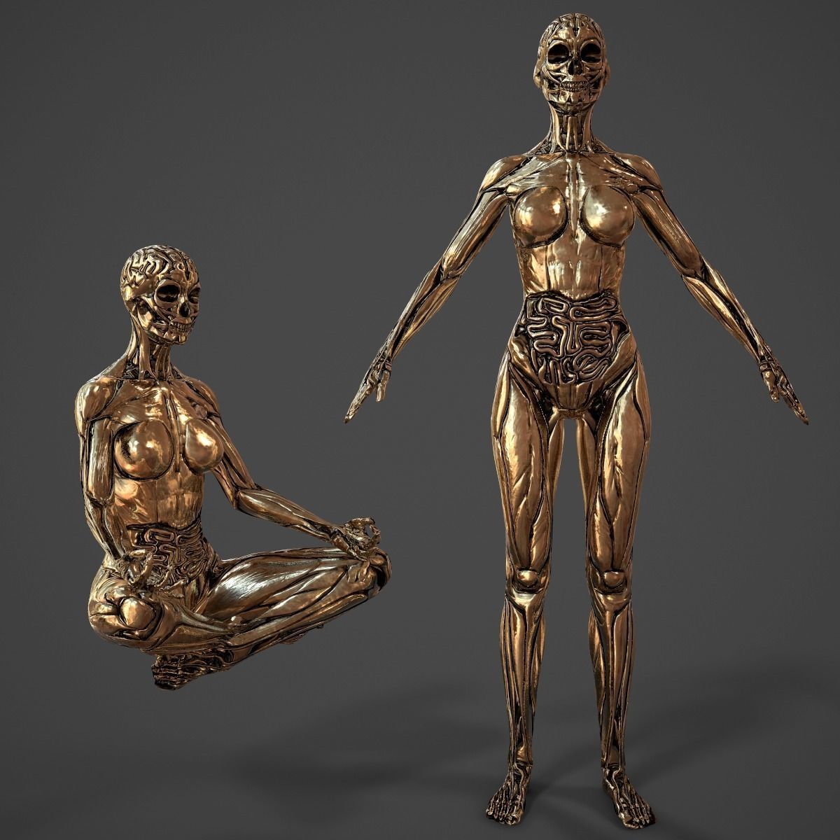 Skullsuit female skeletons in gold Low-poly 3D model_3