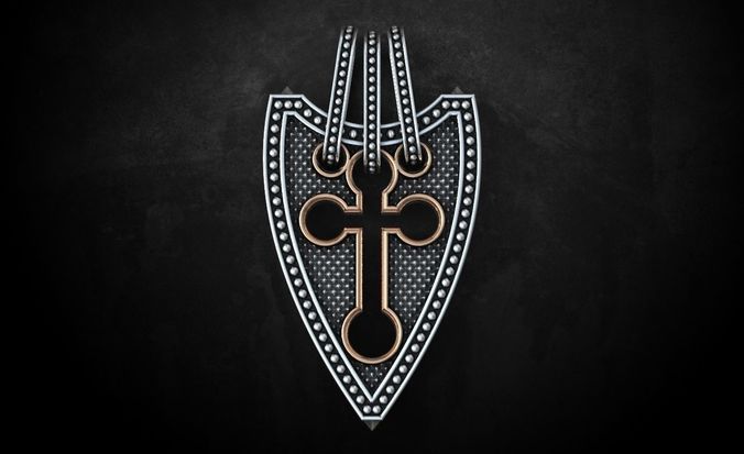 Cross shield sterling silver and gold mens necklace 224 3D print model