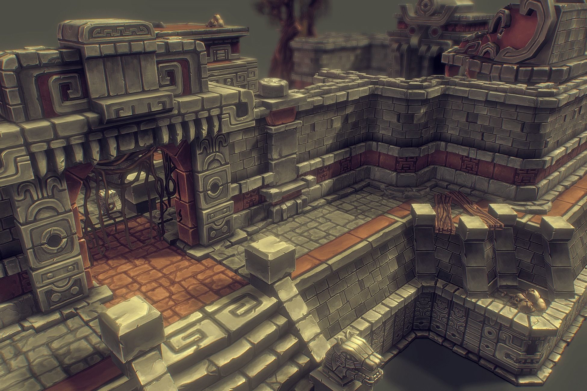 Mayan Temple Set - Low Poly Hand Painted Low-poly 3D model_3