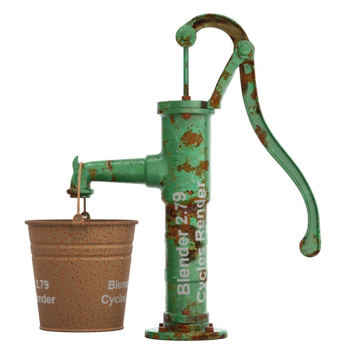 Vintage Water Hand Pump With Bucket 3D model_9