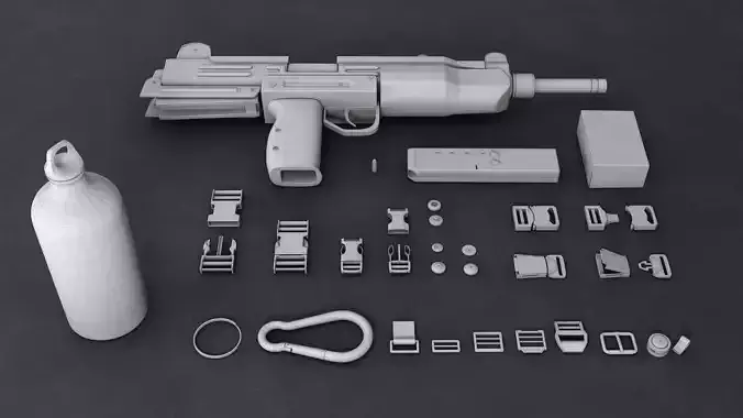 Clips-button-gun-flask gun and accessories Low-poly 3D model