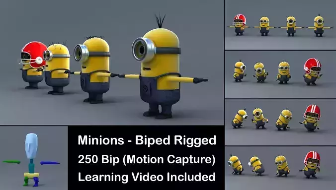 4 Minions 3D Models Rigged with Biped Low-poly 3D model
