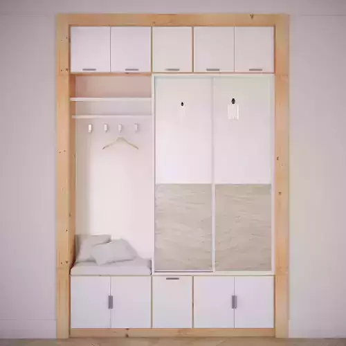 Wardrobe closet with cabinets and bed