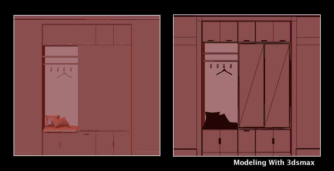 Wardrobe closet with cabinets and bed 3D model_5