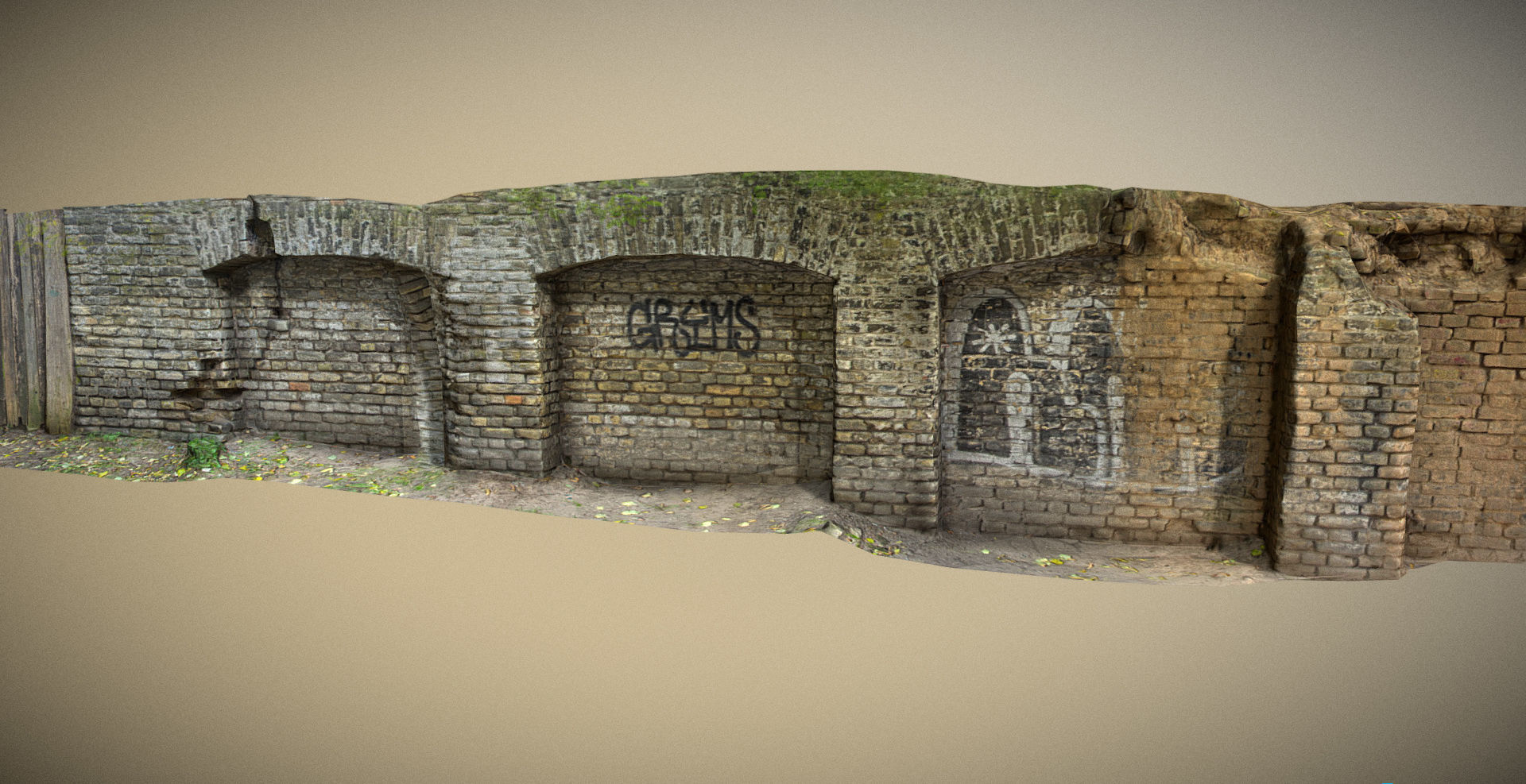 Scanned photorealistic brick and wood crumbling wall Low-poly 3D model_2