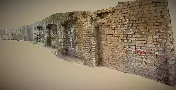 Scanned photorealistic brick and wood crumbling wall  Low-poly 3D model