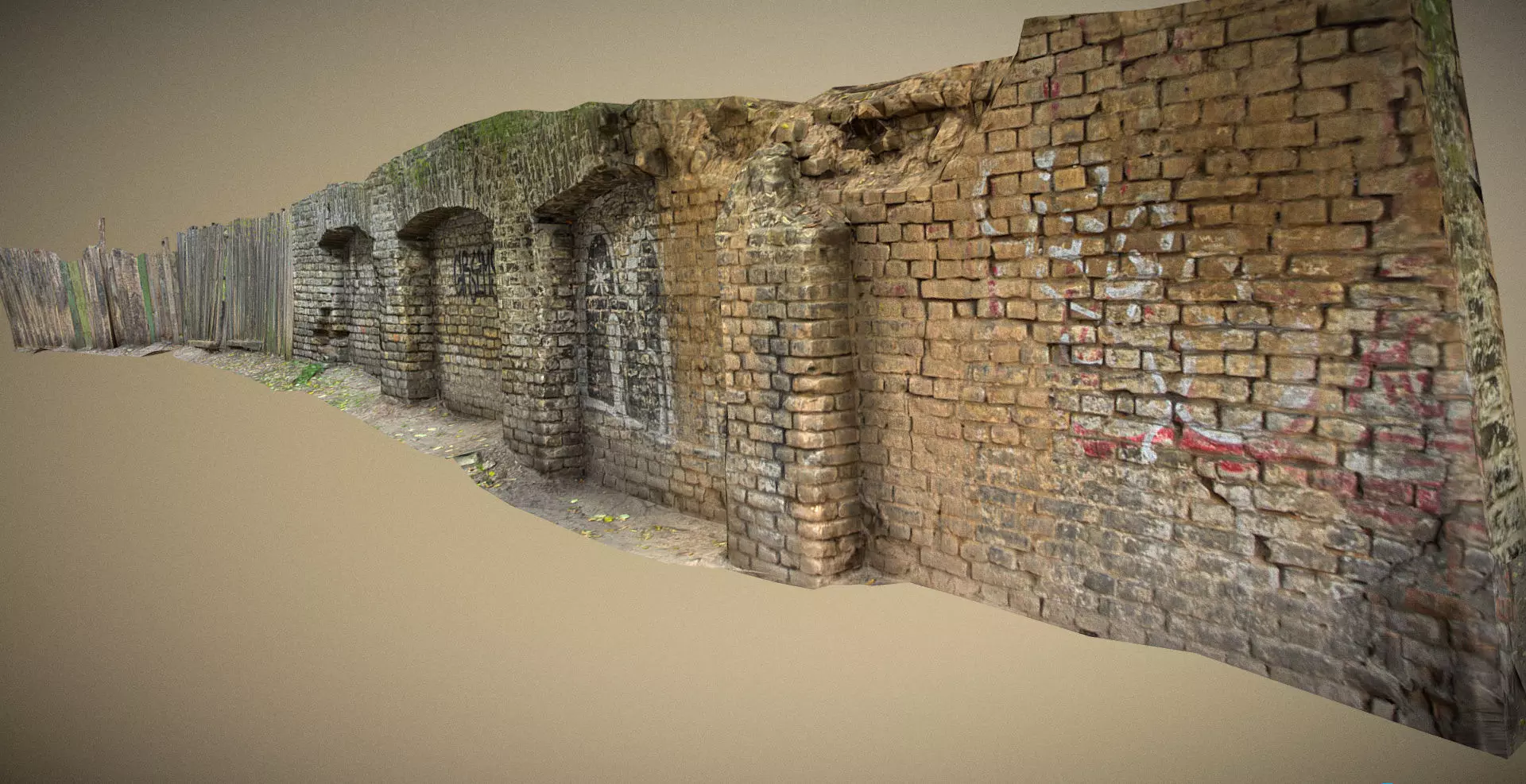 Scanned photorealistic brick and wood crumbling wall Low-poly 3D model_0