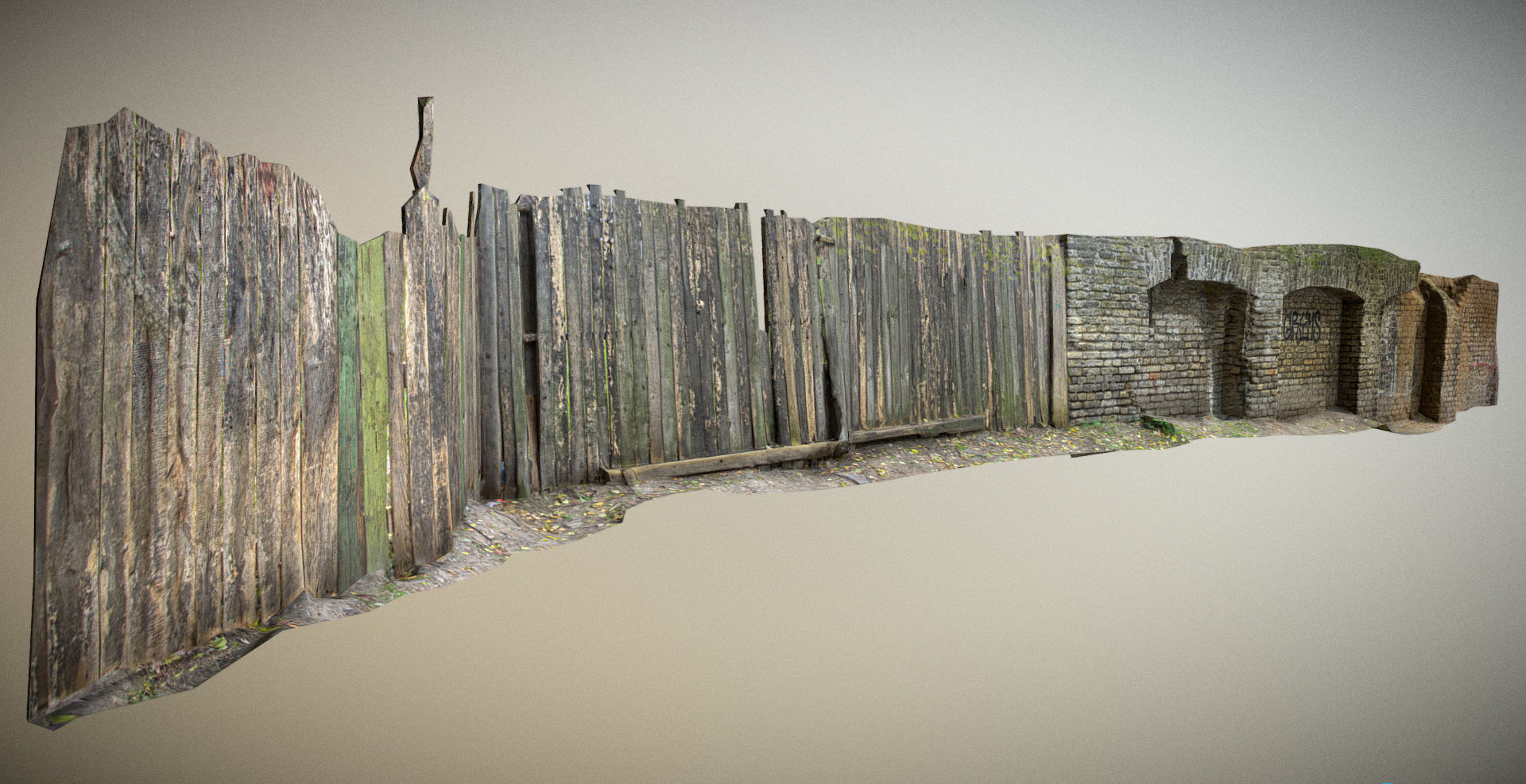 Scanned photorealistic brick and wood crumbling wall Low-poly 3D model_5