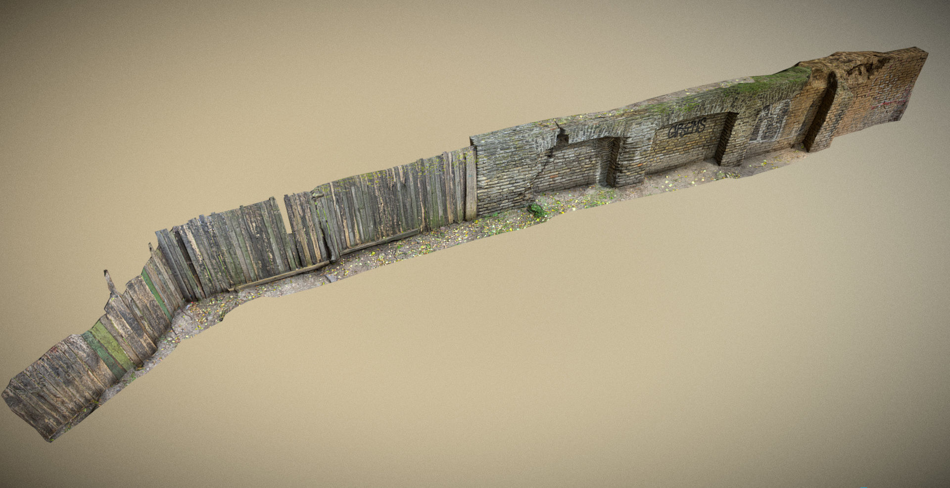 Scanned photorealistic brick and wood crumbling wall Low-poly 3D model_8