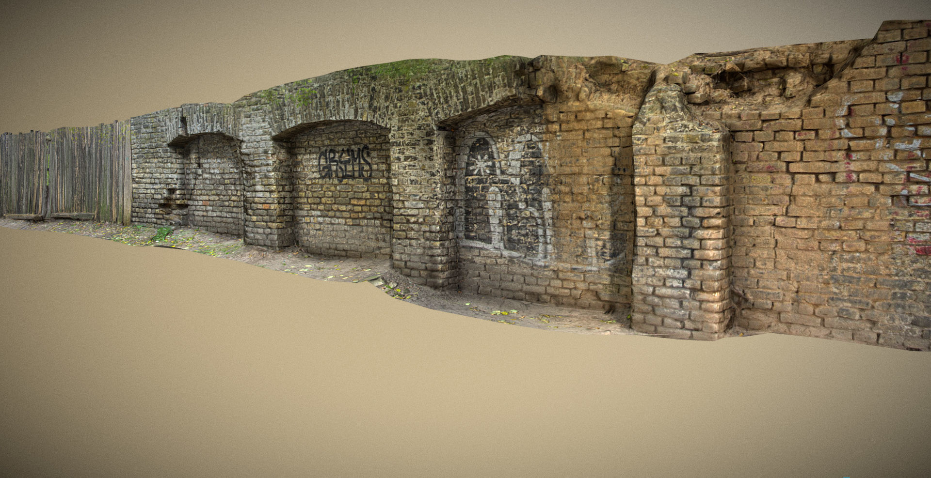 Scanned photorealistic brick and wood crumbling wall Low-poly 3D model_1