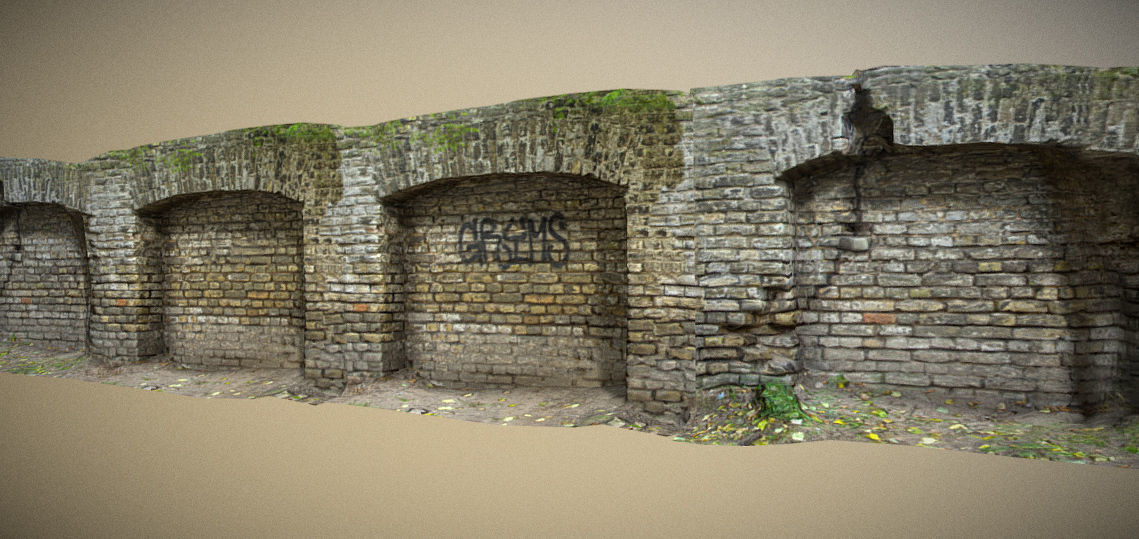 Scanned photorealistic brick and wood crumbling wall Low-poly 3D model_23