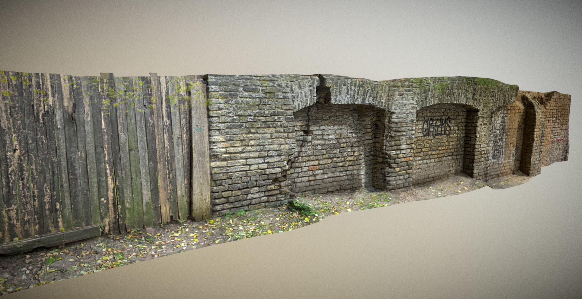 Scanned photorealistic brick and wood crumbling wall Low-poly 3D model_4