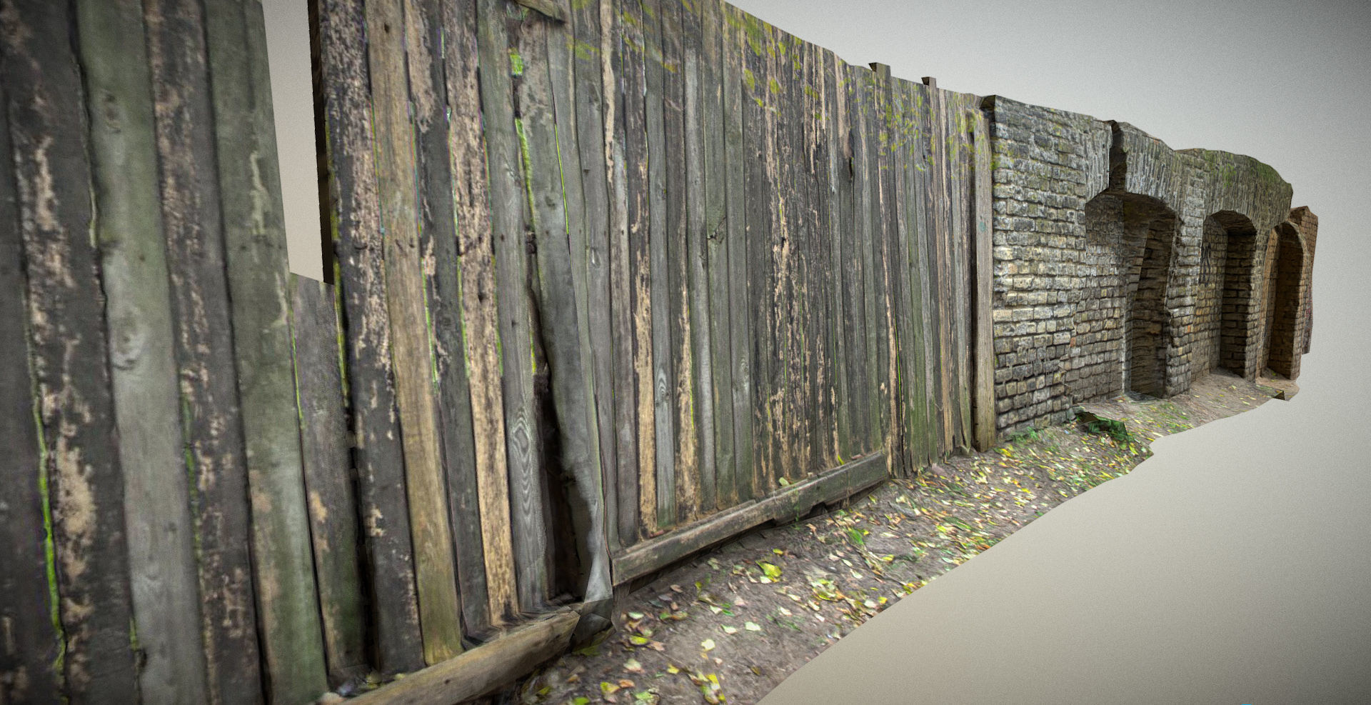 Scanned photorealistic brick and wood crumbling wall Low-poly 3D model_7