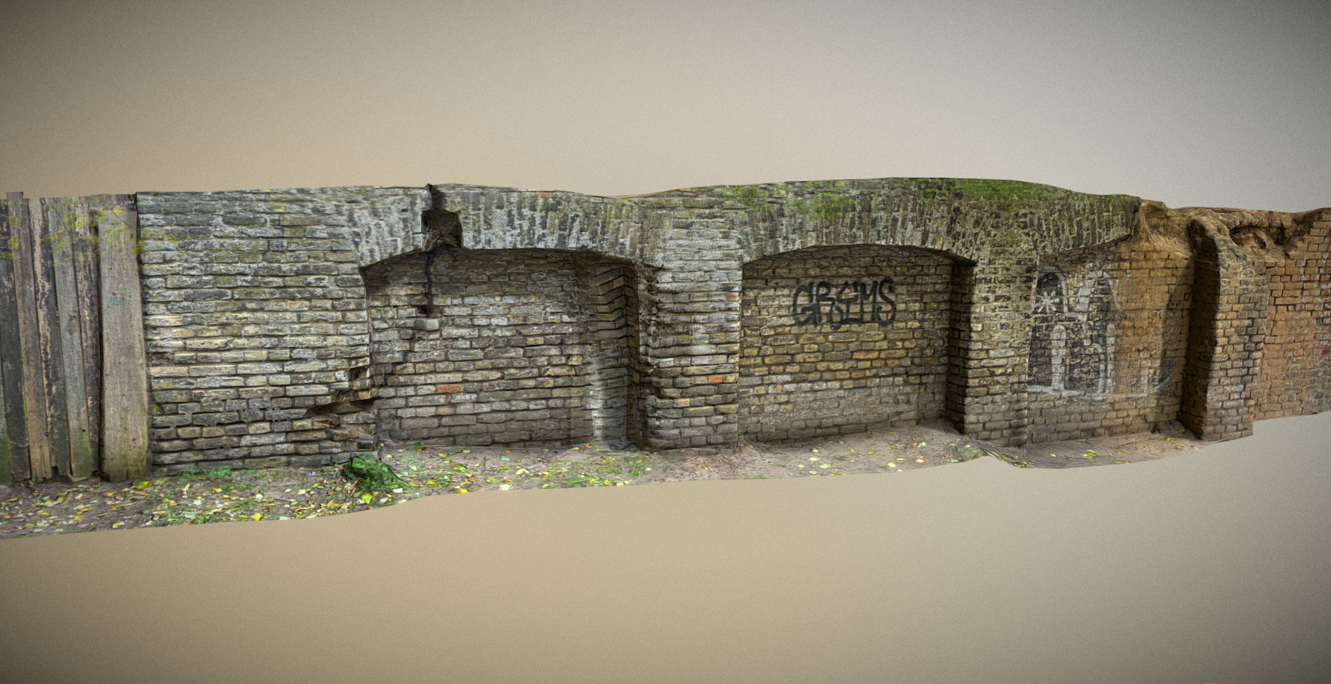 Scanned photorealistic brick and wood crumbling wall Low-poly 3D model_3