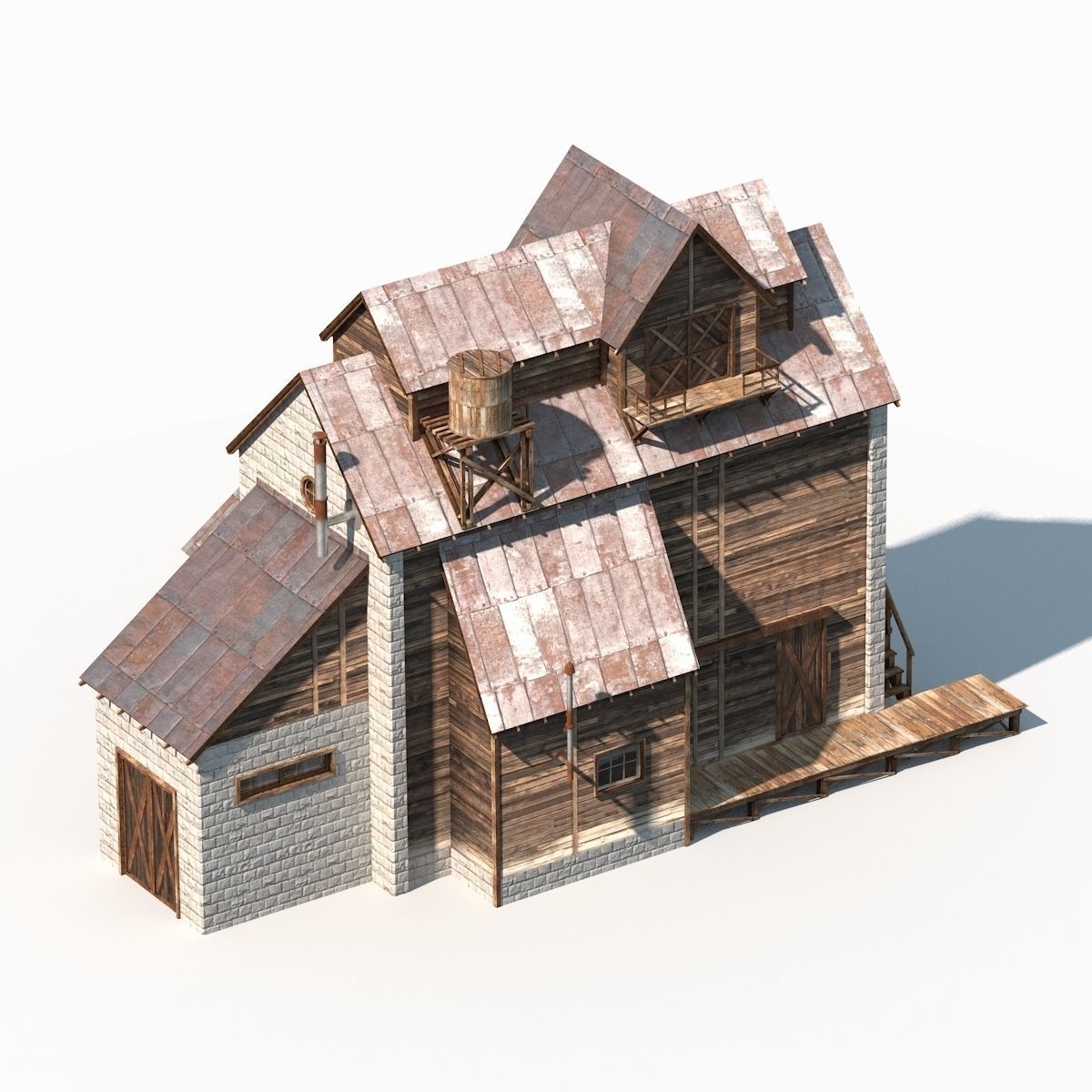 Old Factory Barn Low Poly Low-poly 3D model_4