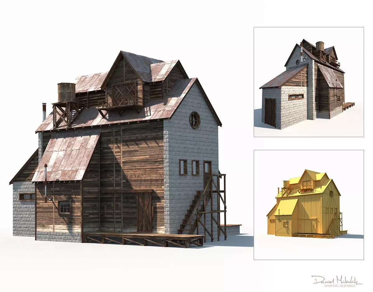 Old Factory Barn Low Poly Low-poly 3D model_0
