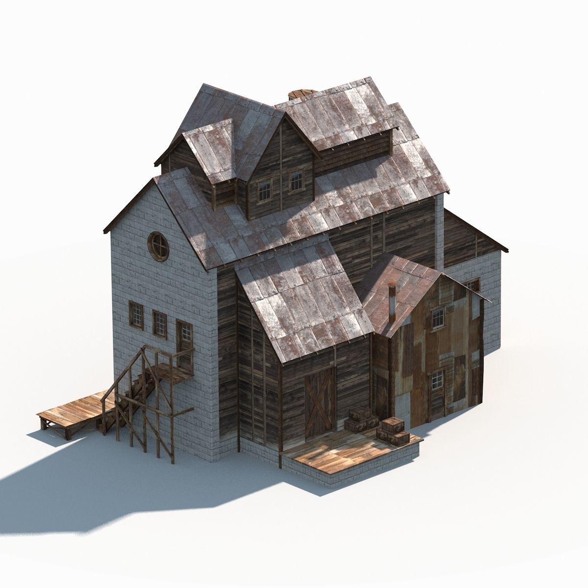Old Factory Barn Low Poly Low-poly 3D model_9