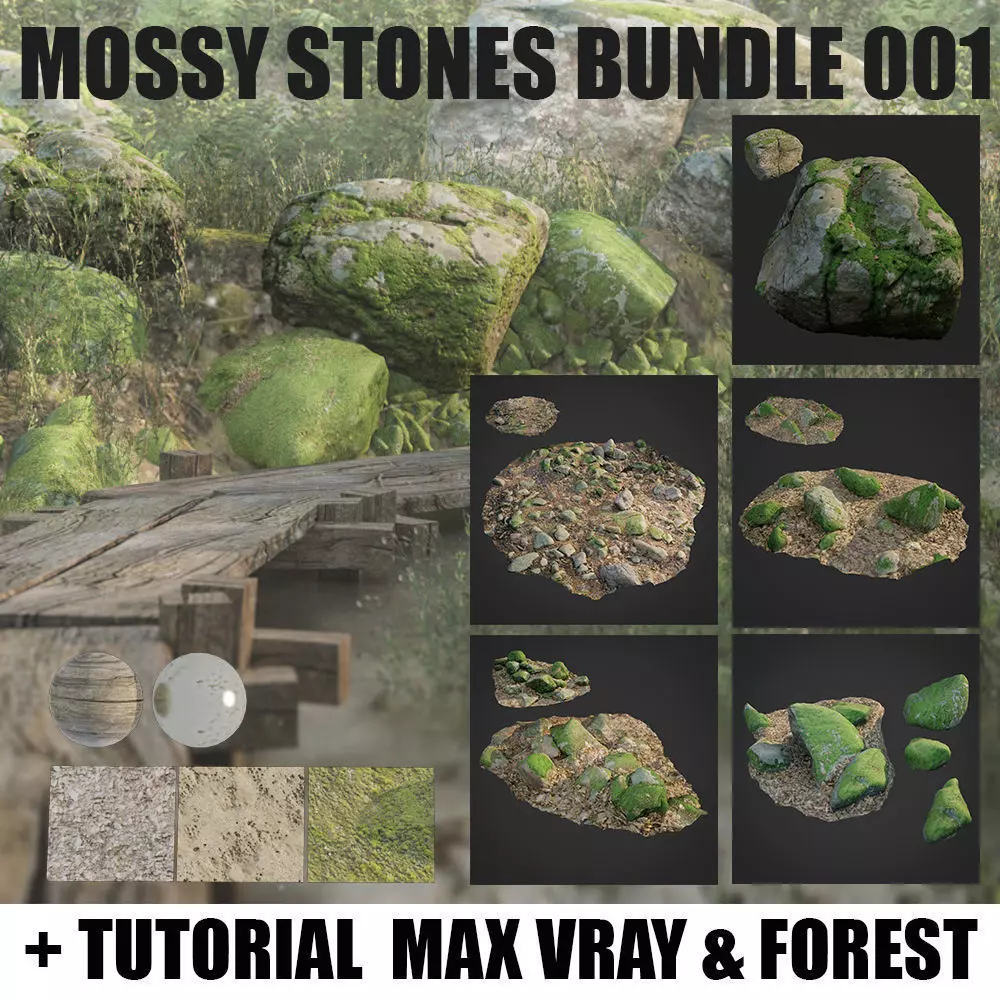 mossy stones bundle 001 Low-poly 3D model_0