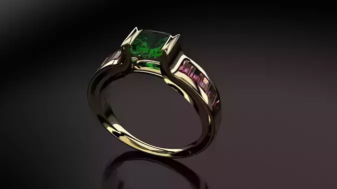Green emerald and pink baguette ring