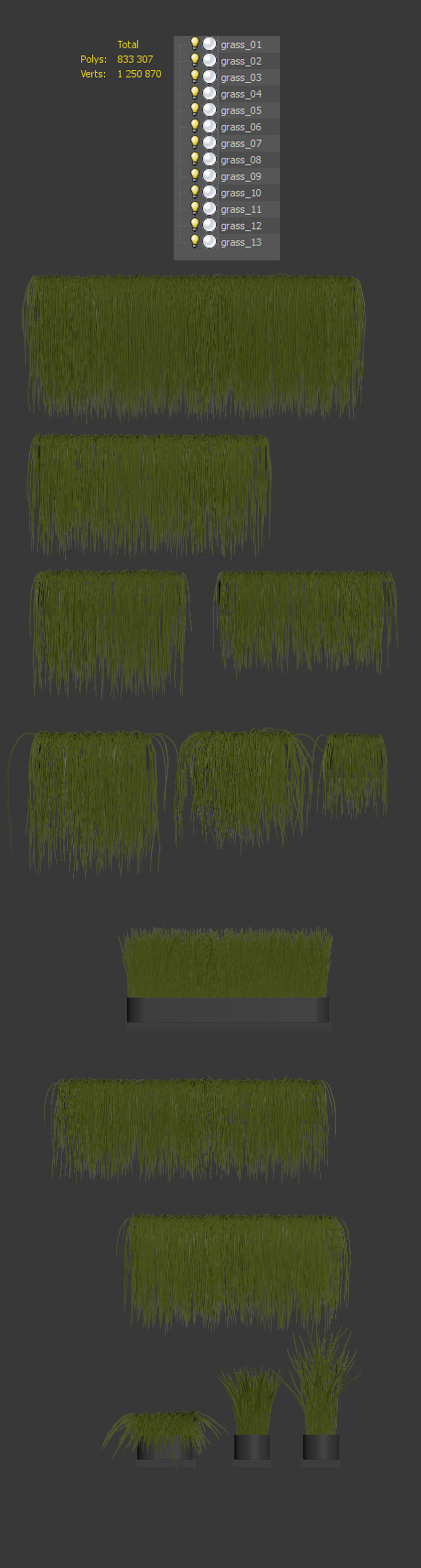 Set of 13 grass patterns on potted shelves 3D model_5