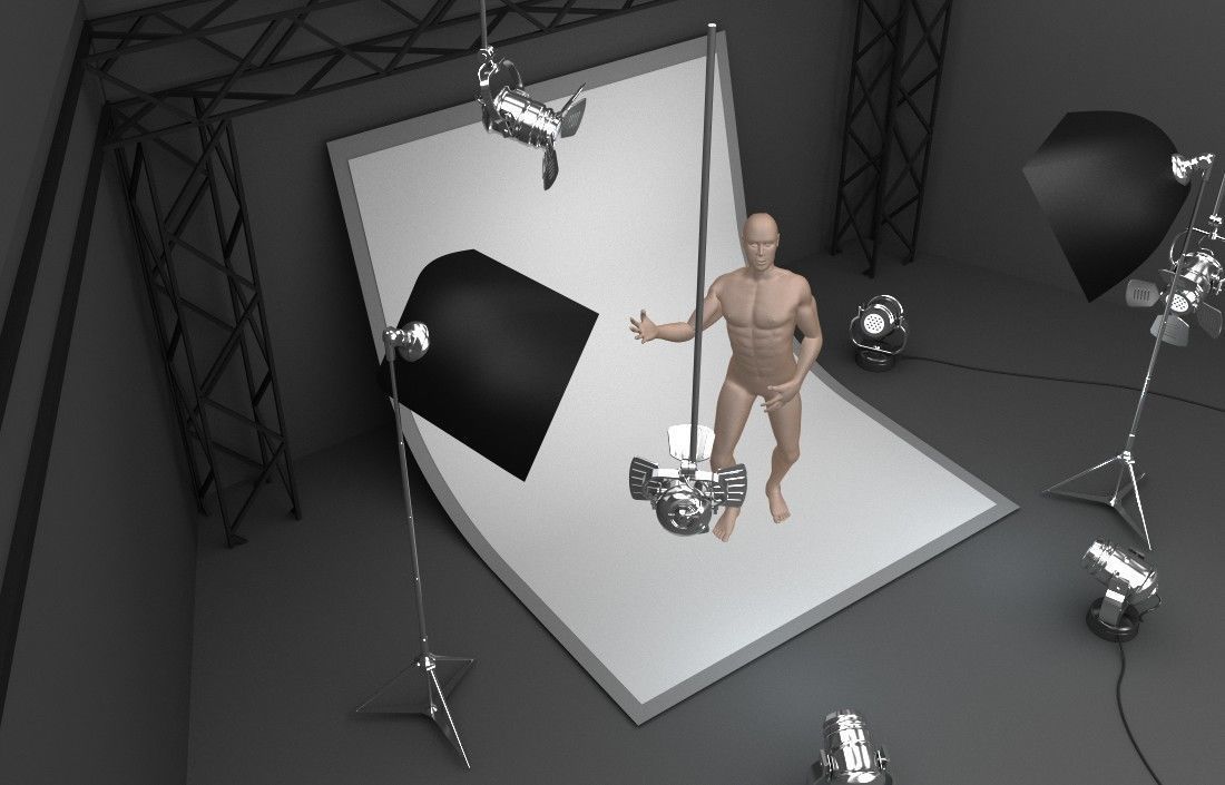 Photo studio equipment and white background 3D model_1