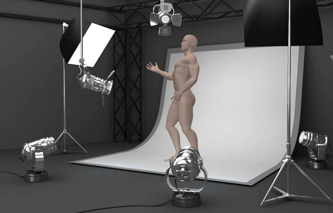 Photo studio equipment and white background 3D model_3