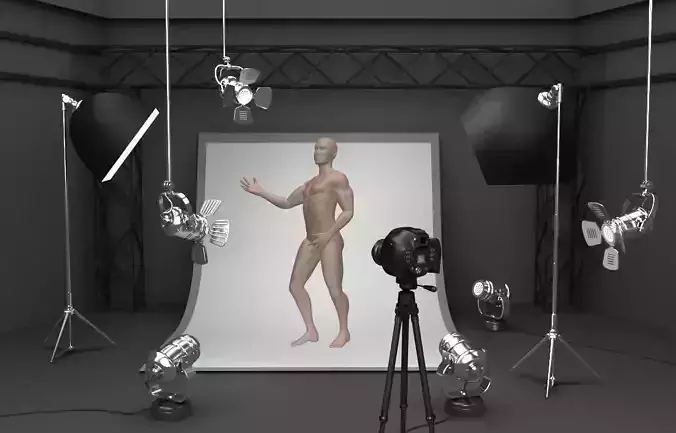 Photo studio equipment and white background 3D model