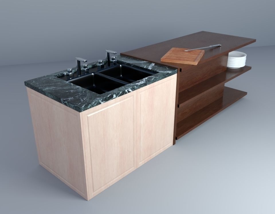 Realistic Kitchen island with sink and cutting board 3D model_4