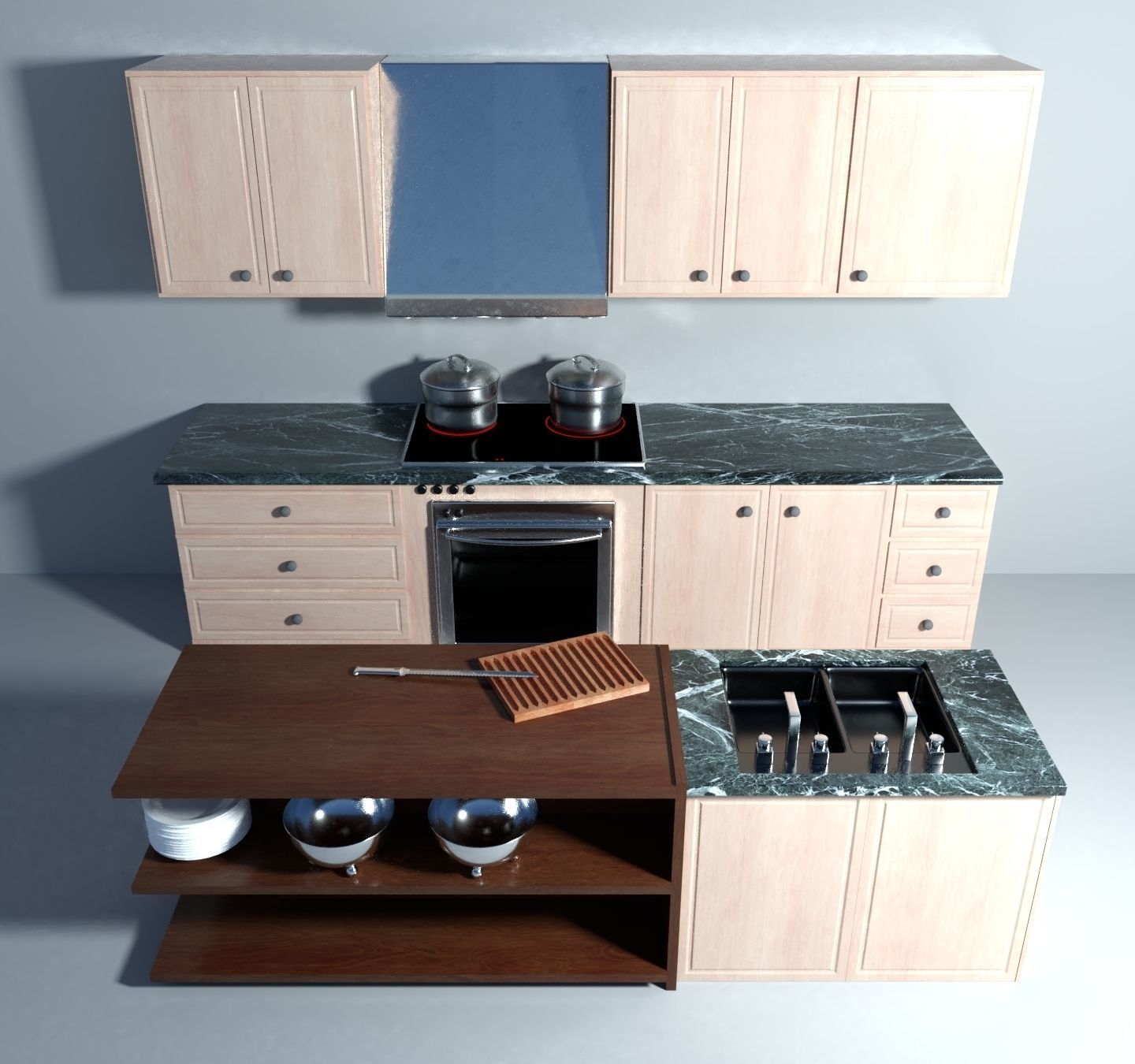 Realistic Kitchen island with sink and cutting board 3D model_1
